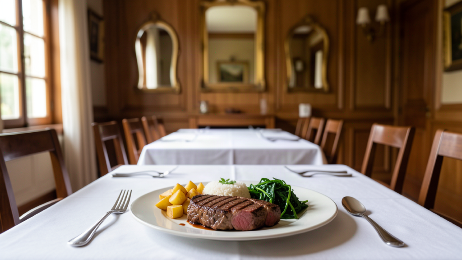 Where to Eat in Rio: Traditional Spots for Every Budget 4 Classic steak, rice, potatoes, and greens in a warm historic-inspired dining room.