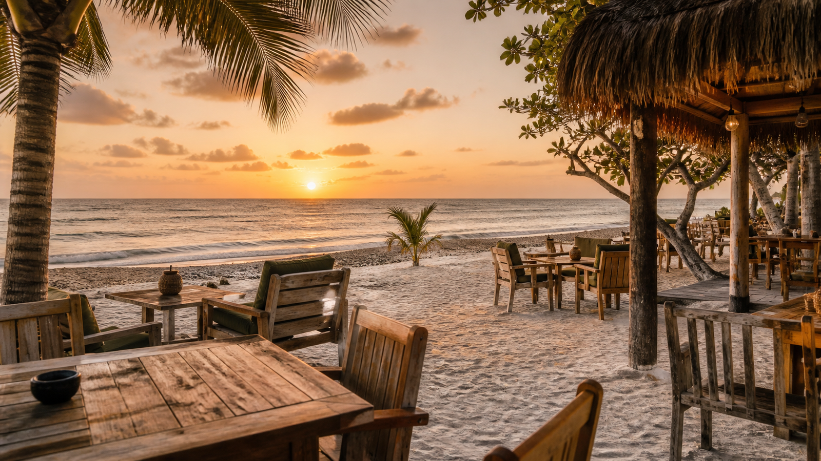 A casual beachfront bar with tables on the sand looking at the ocean in Jericoacoara.