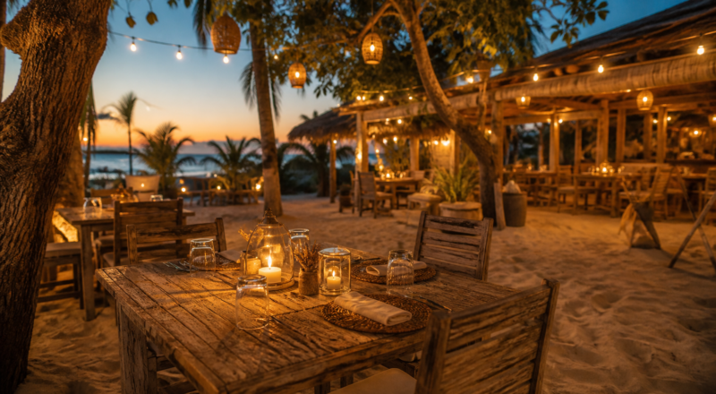 Rustic restaurant table set on the sandy streets of Jericoacoara village at dusk.