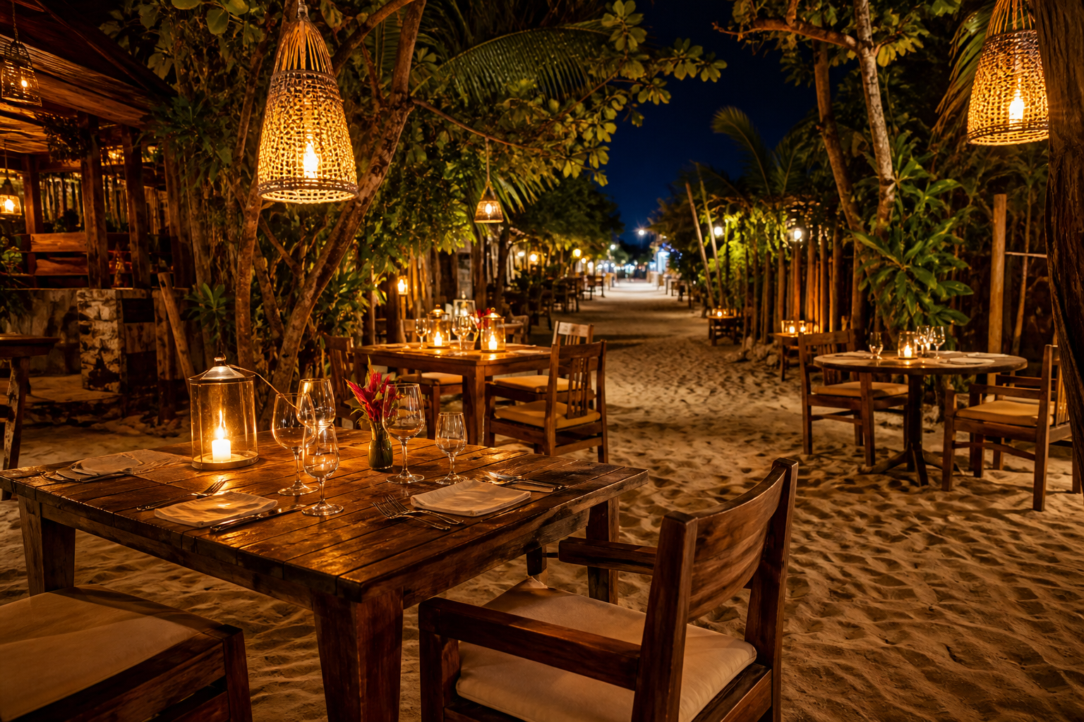 A beautiful romantic restaurant setting in the sandy streets of Jericoacoara village.