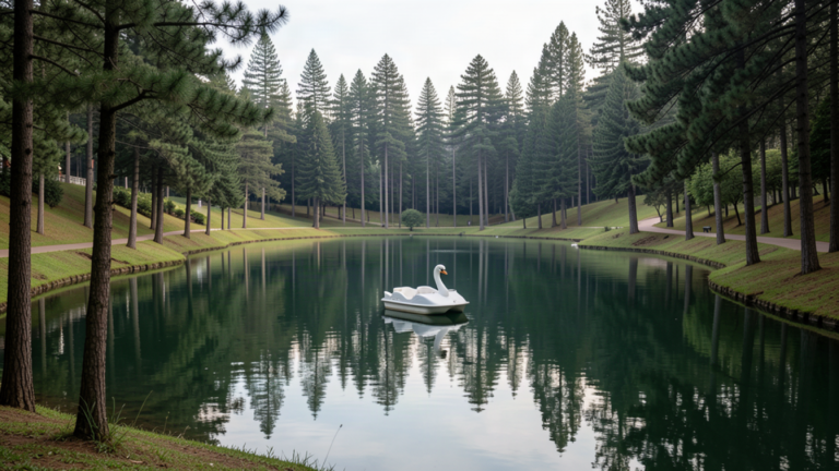 Dark green Lago Negro framed by tall conifers with a swan pedal boat on the water