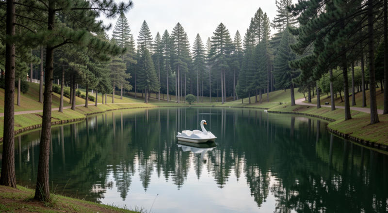 Dark green Lago Negro framed by tall conifers with a swan pedal boat on the water