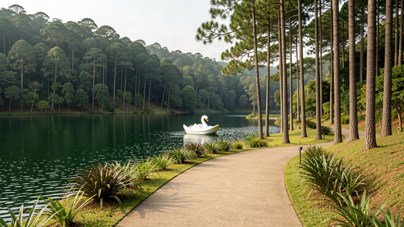 Lago Negro and Rua Coberta: A Smart Half-Day in Gramado 2 Curved lakeside path beside dark water and tall conifers at an illustrative Lago Negro scene