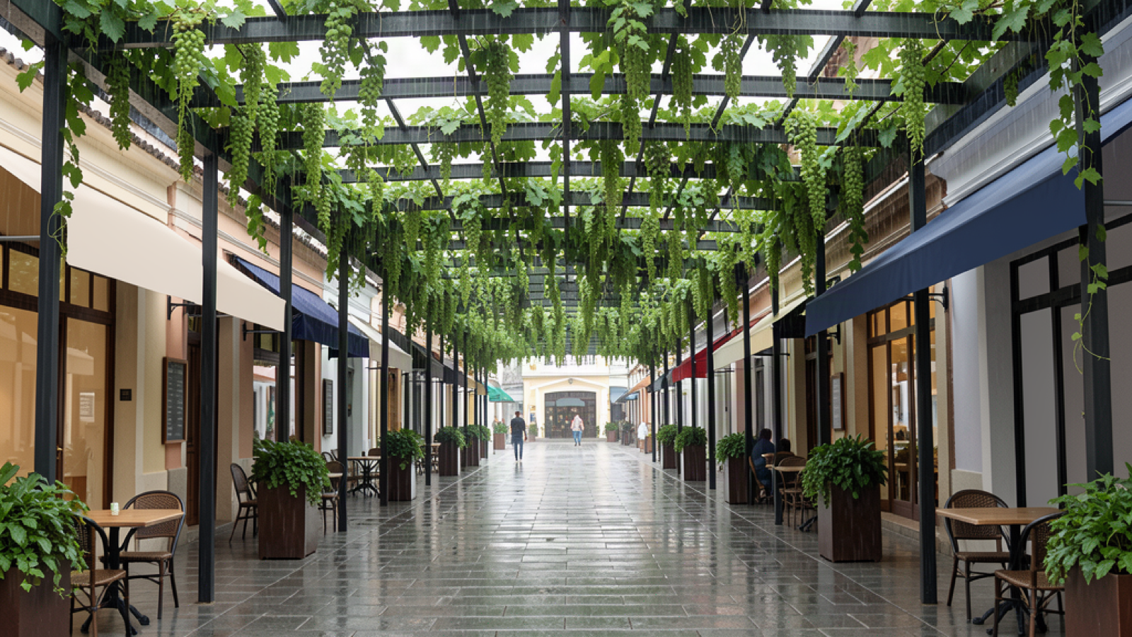 Lago Negro and Rua Coberta: A Smart Half-Day in Gramado 3 Vine-covered pedestrian lane with wet pavement during light rain in an illustrative Rua Coberta scene