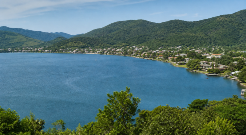 Blue water of Lagoa da Conceição bordered by a modest shoreline and green hills in Florianópolis