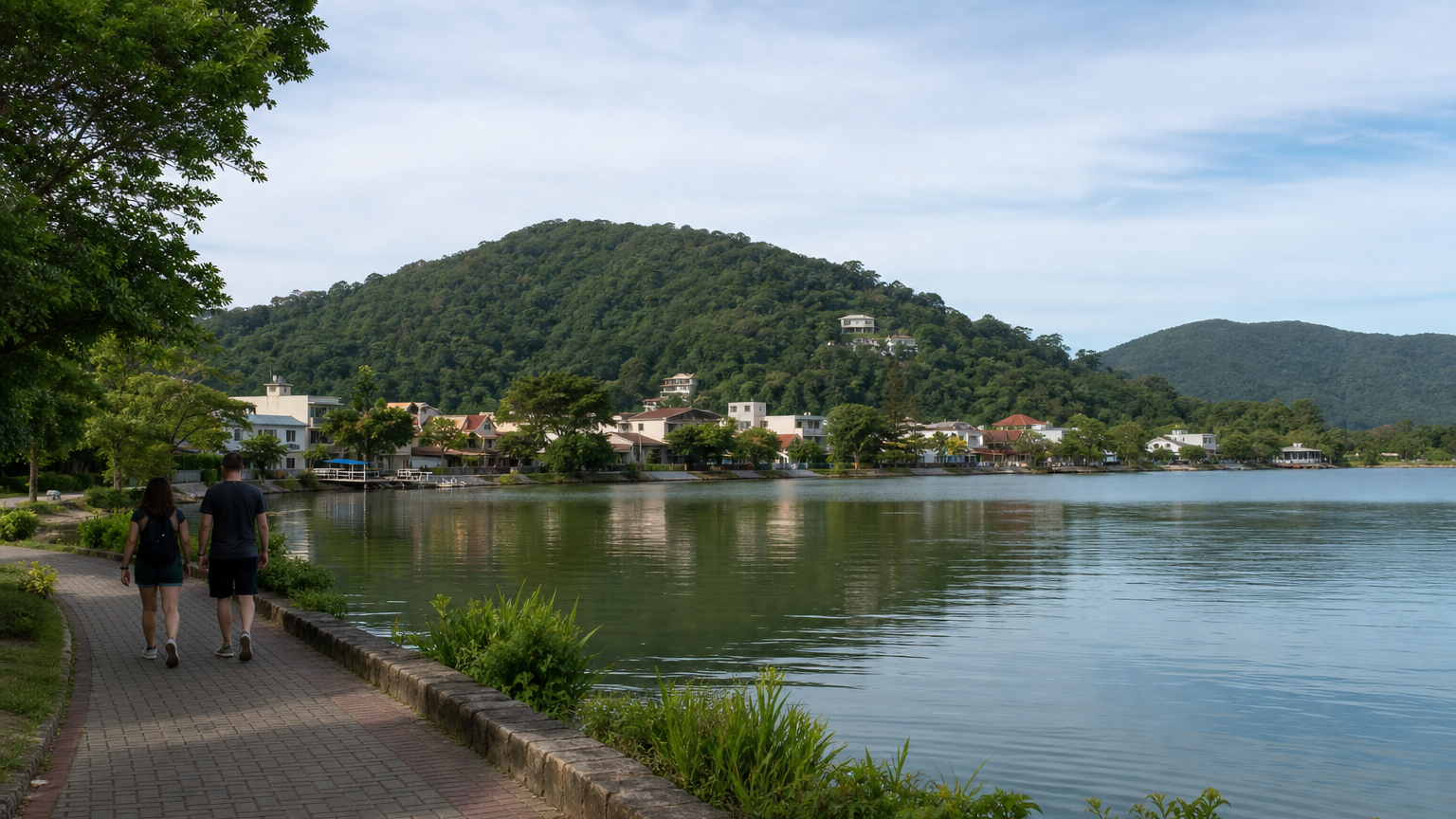 Lagoa da Conceição in half a day: the plan that avoids backtracking 2 Pedestrian path beside lagoon water with low buildings and green hills at Lagoa da Conceição.