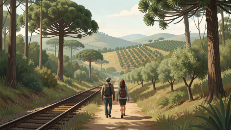 Travelers on a forest-edge path overlooking a generalized southern Brazilian highland landscape with a subtle railway motif.