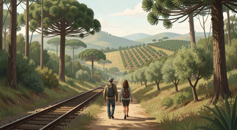 Travelers on a forest-edge path overlooking a generalized southern Brazilian highland landscape with a subtle railway motif.