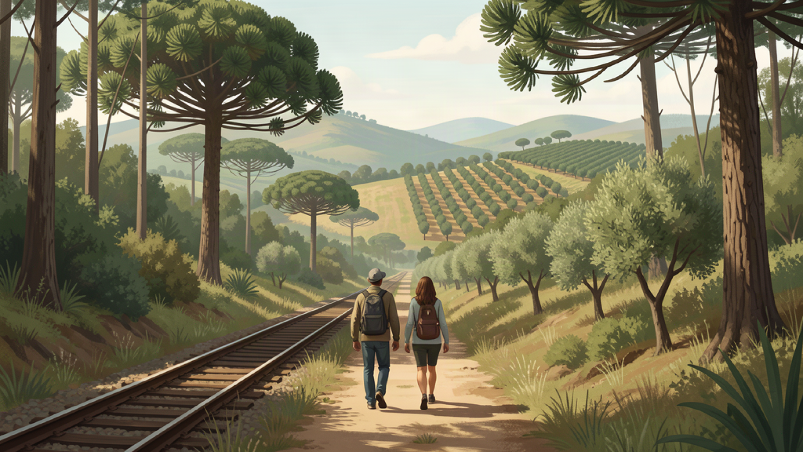 6 lesser-known Gramado attractions worth leaving the center for 1 Travelers on a forest-edge path overlooking a generalized southern Brazilian highland landscape with a subtle railway motif.