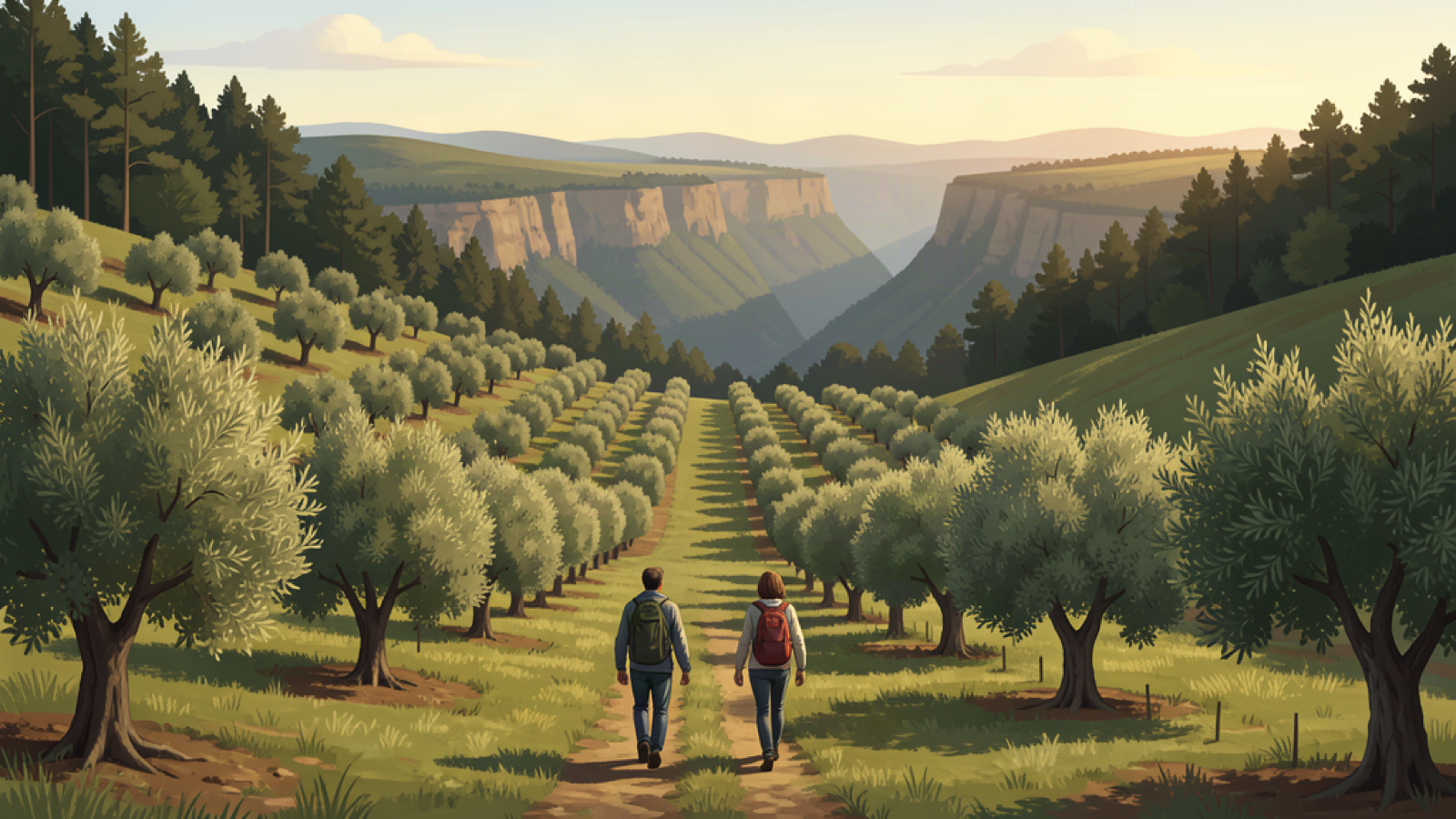 6 lesser-known Gramado attractions worth leaving the center for 4 Two travelers walking through a generalized olive grove overlooking a southern Brazilian highland valley.