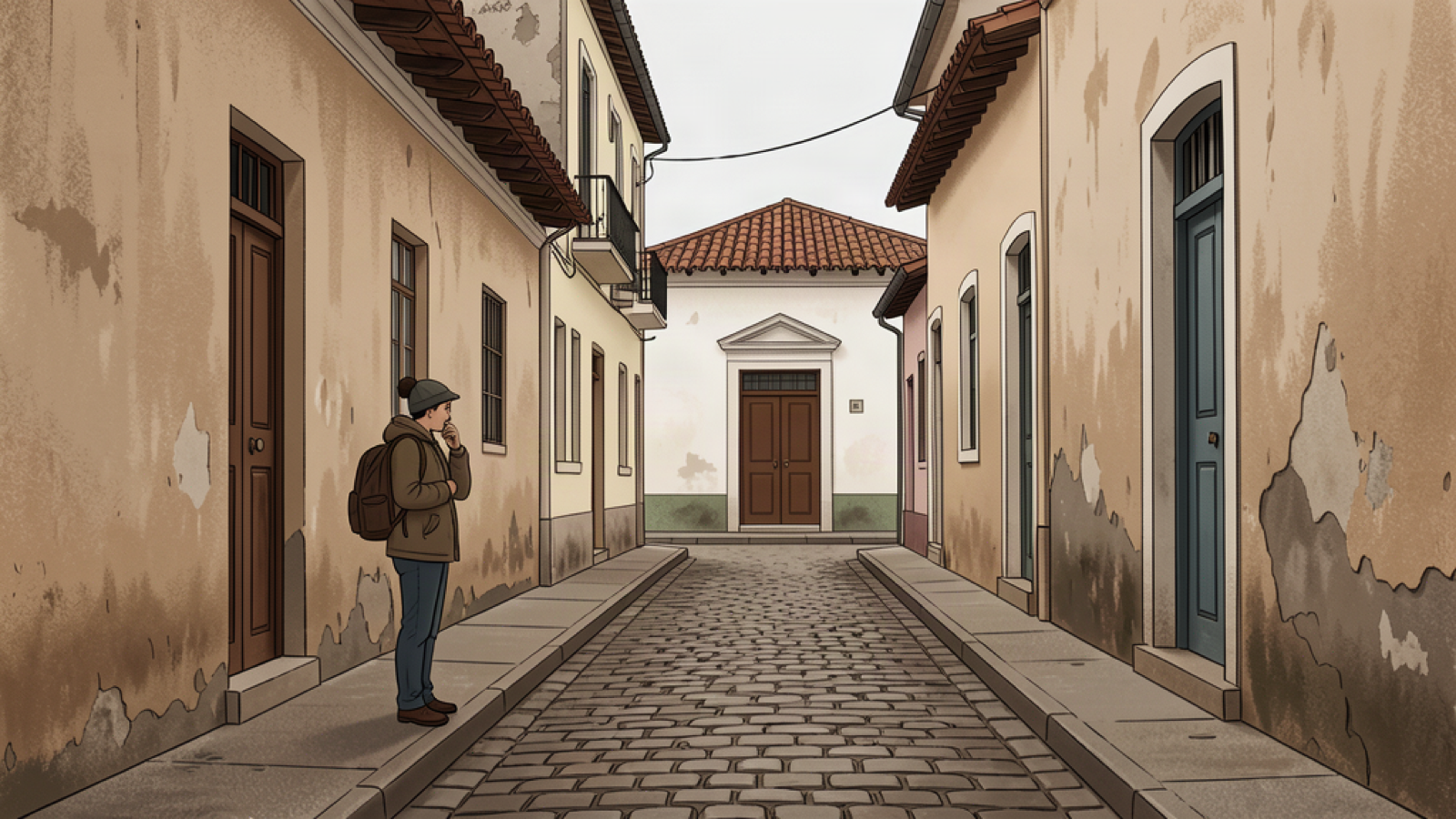 Liberdade beyond the lanterns: a walking route through São Paulo’s layered history 3 A traveler pauses in a quiet illustrated heritage lane in central São Paulo.