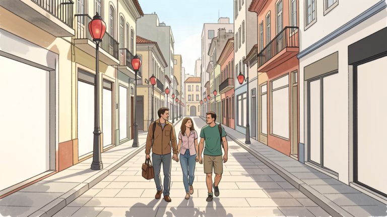 Travelers walking through an illustrated multicultural urban district with lantern-like street fixtures.