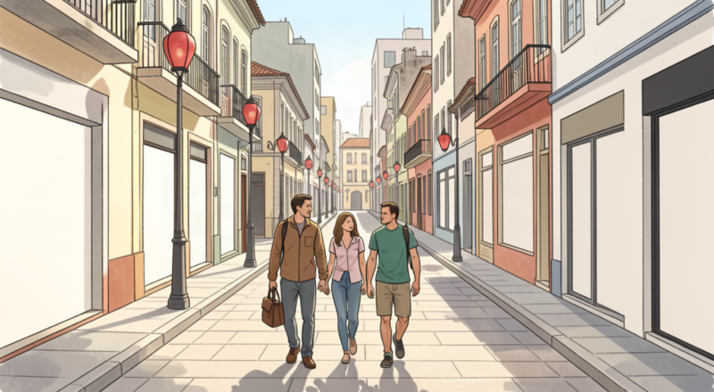 Travelers walking through an illustrated multicultural urban district with lantern-like street fixtures.