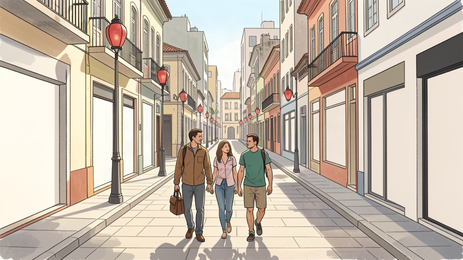 Travelers walking through an illustrated multicultural urban district with lantern-like street fixtures.