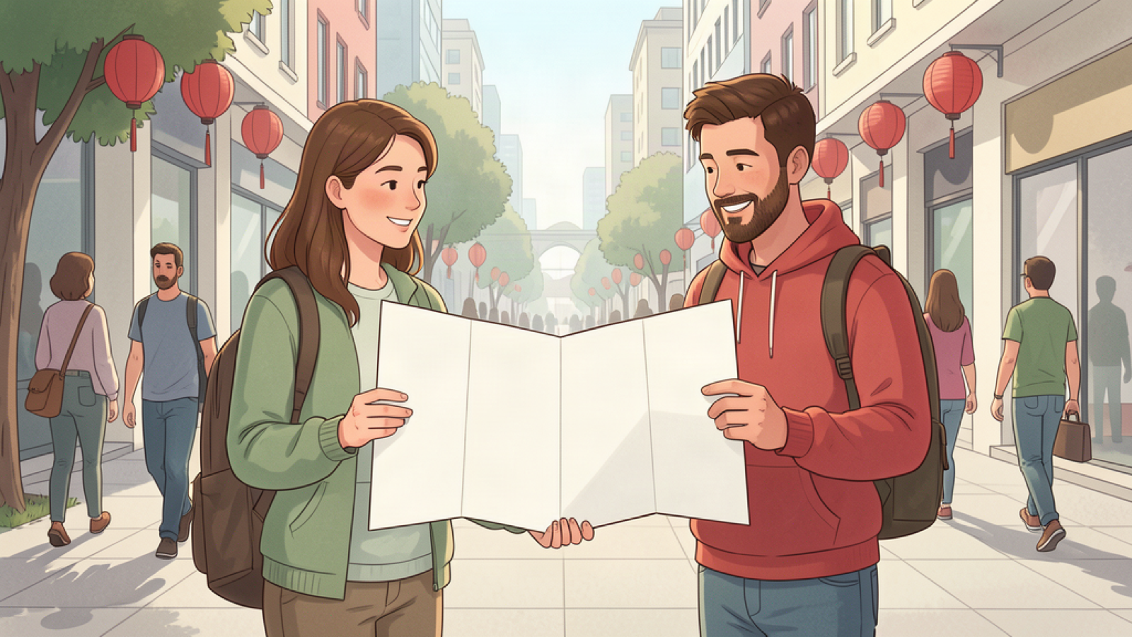 Liberdade beyond the lanterns: a walking route through São Paulo’s layered history 2 Two travelers plan a walking route with a blank folded map on an illustrated urban sidewalk.