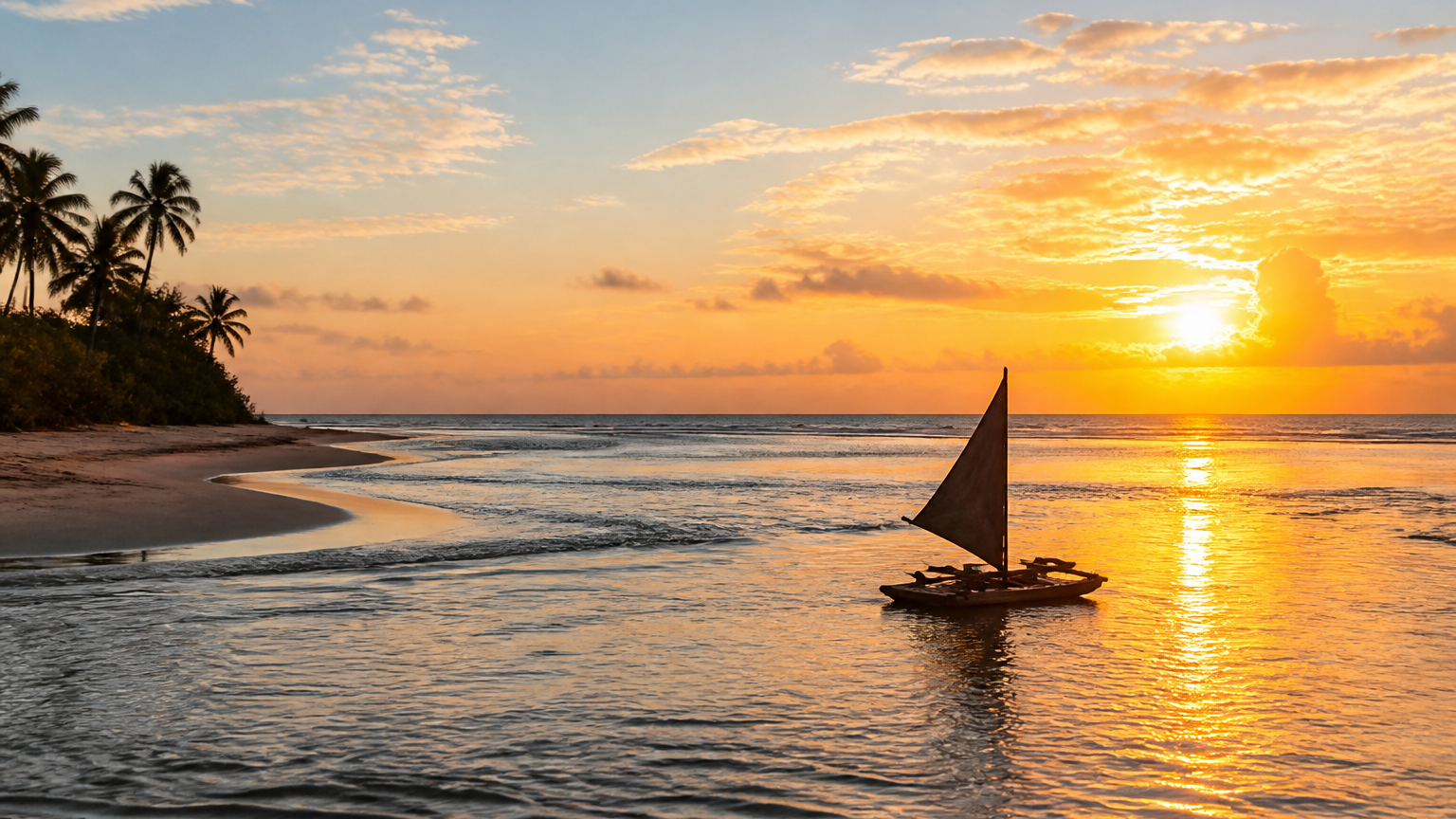 Illustrative image of a river mouth meeting the sea at sunset near Maracaípe