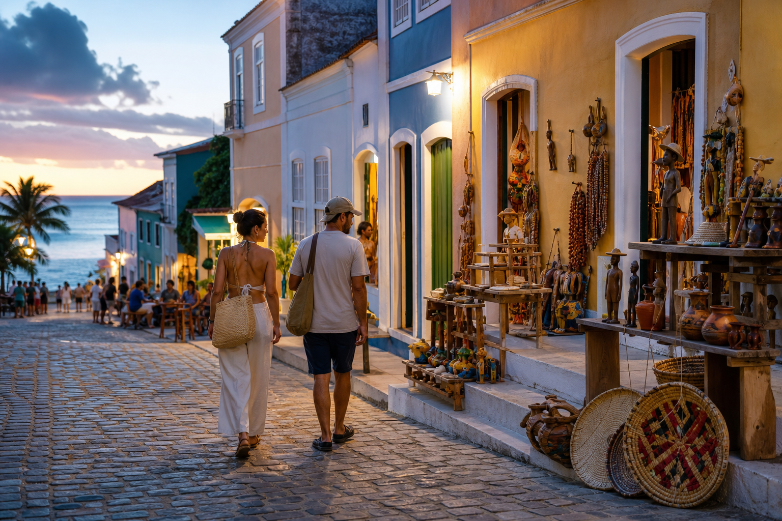 Illustrative image of travelers browsing craft displays on a Bahia pedestrian street