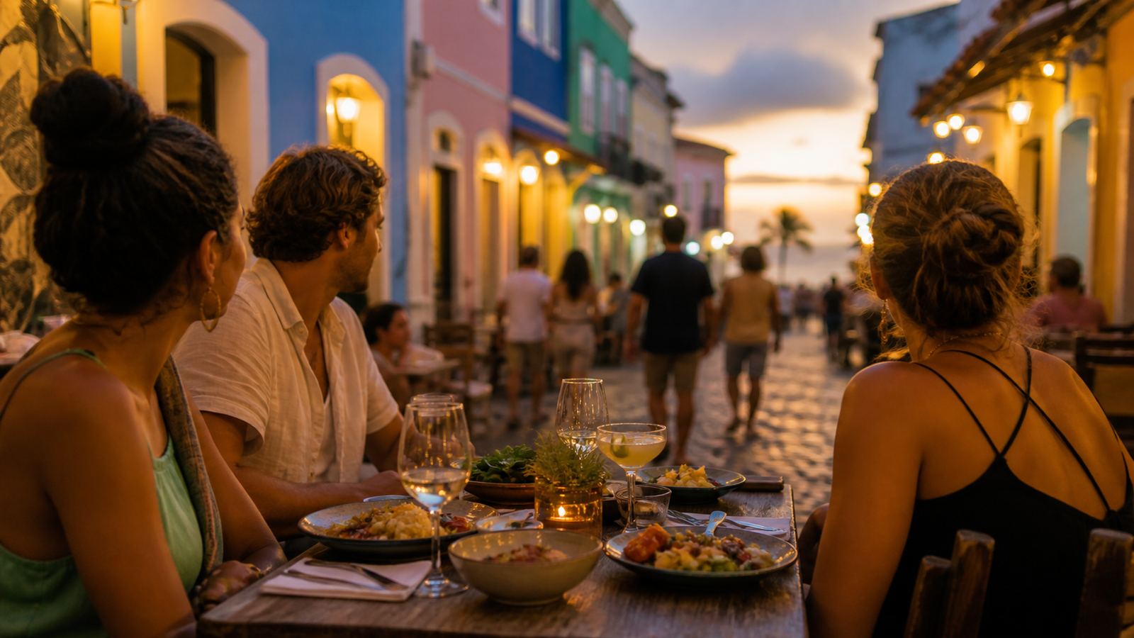 Illustrative image of an open-air restaurant table at dusk on a coastal pedestrian street