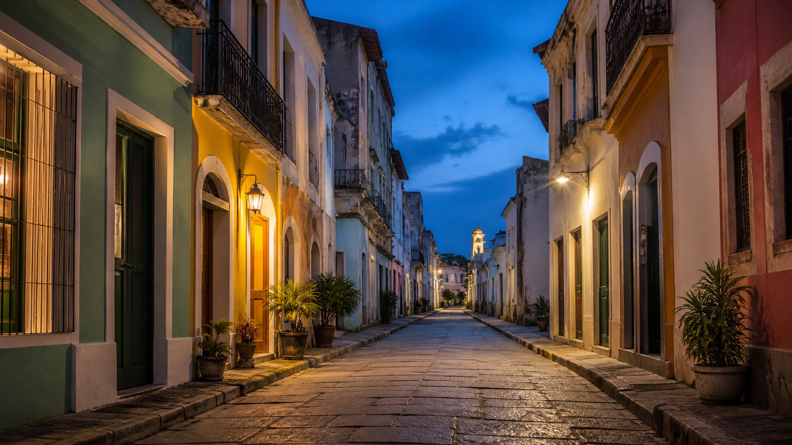 Illustrative image of a quiet blue-hour pedestrian lane with colorful facades