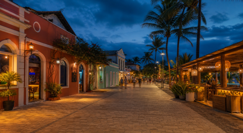 Illustrative image of a coastal Bahia pedestrian street at blue hour