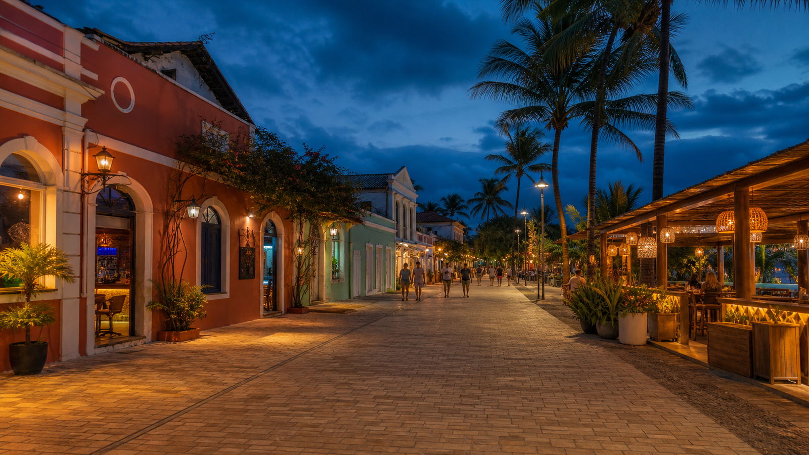 Illustrative image of a coastal Bahia pedestrian street at blue hour