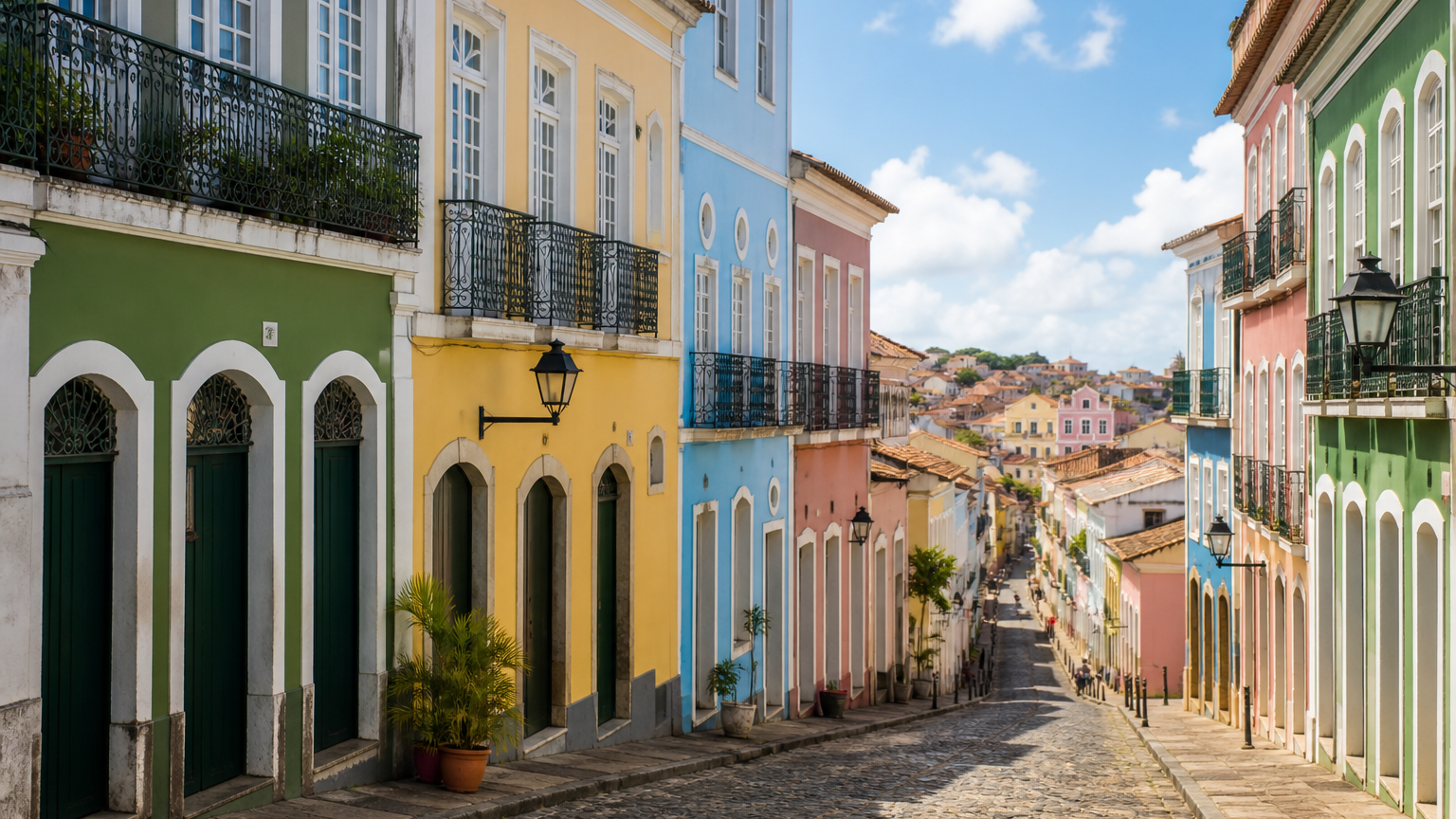 A colorful colonial street in Pelourinho, Salvador, with painted historic buildings and cobblestones.