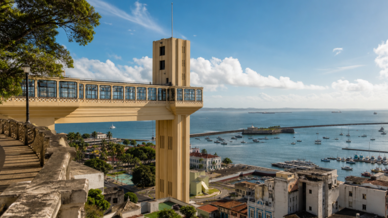 The Elevador Lacerda towers in Salvador, Brazil, overlooking the bay and Cidade Baixa below.