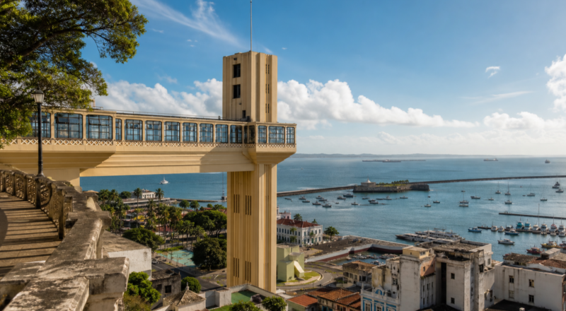 The Elevador Lacerda towers in Salvador, Brazil, overlooking the bay and Cidade Baixa below.