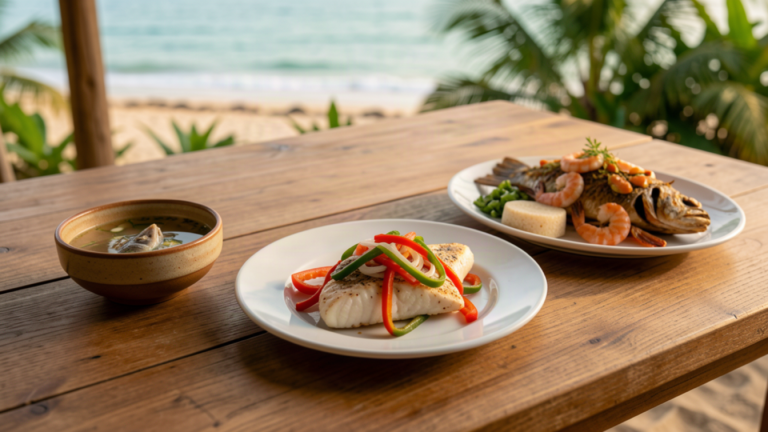 Seafood broth, fish with vegetables and a shared seafood dish on a coastal table