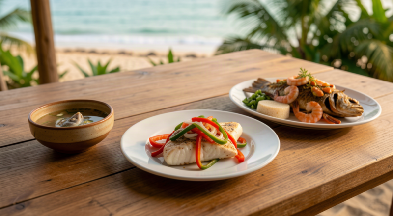 Seafood broth, fish with vegetables and a shared seafood dish on a coastal table