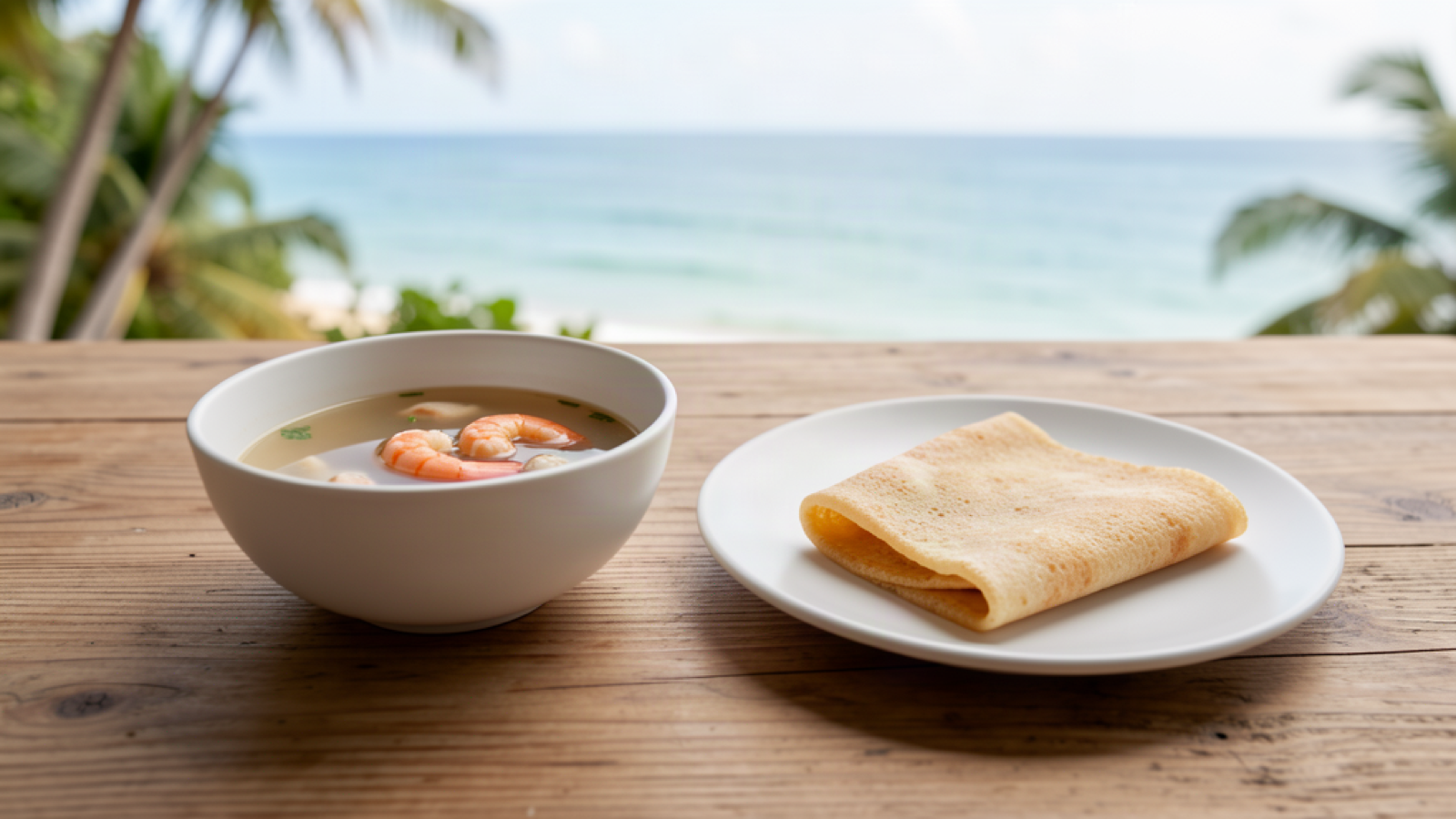 Small seafood broth and a folded tapioca-style snack on a simple coastal table