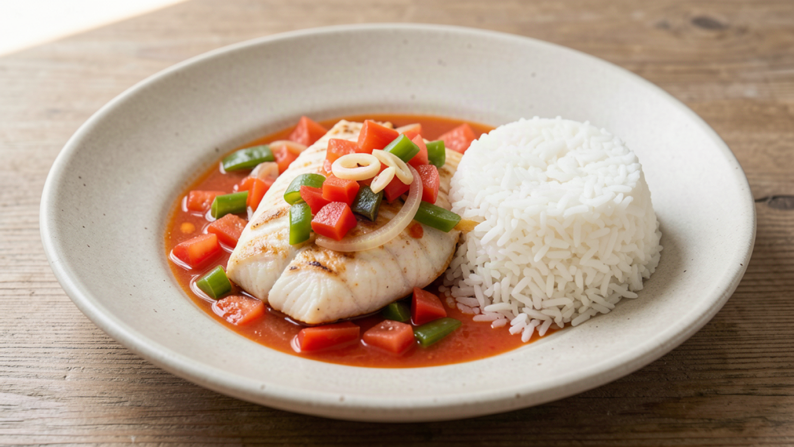 Cooked fish with peppers, onion and tomato beside a simple regional side