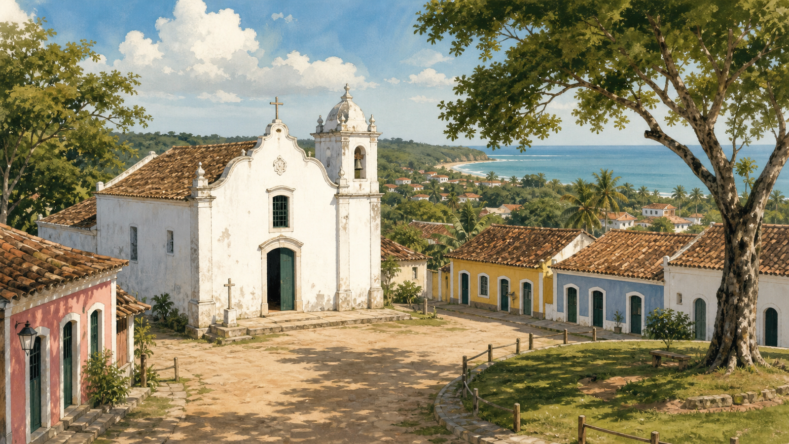 What to do in Arraial d’Ajuda: a first-day route that actually flows 2 Illustrative image of a colonial church square in Arraial d'Ajuda