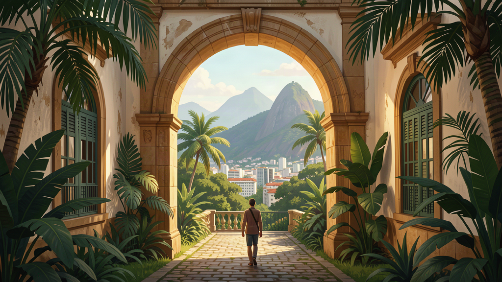 Illustrative tropical path framing historic architecture in Rio de Janeiro