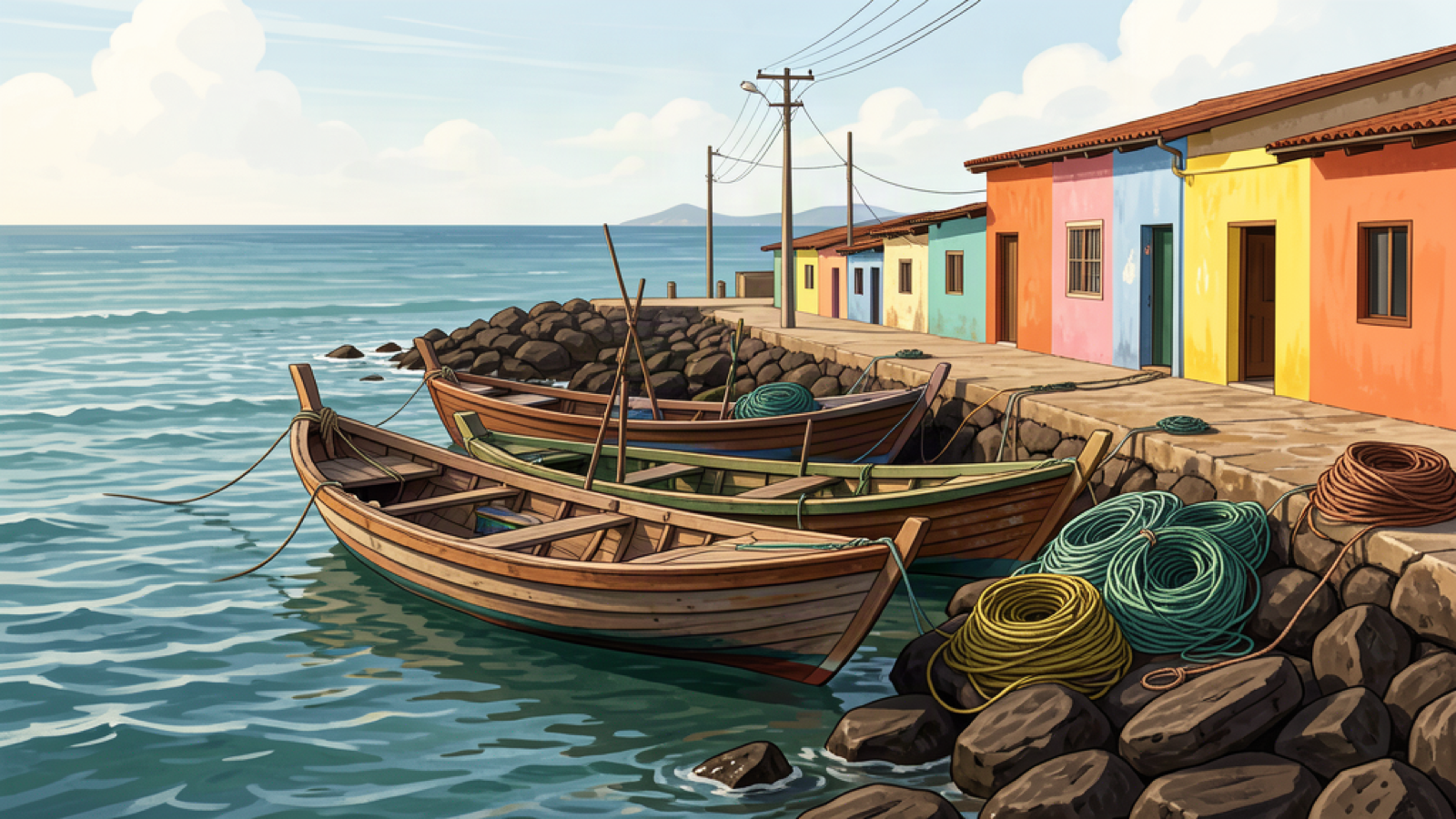 Illustrative fishing boats and nets beside an urban Salvador waterfront