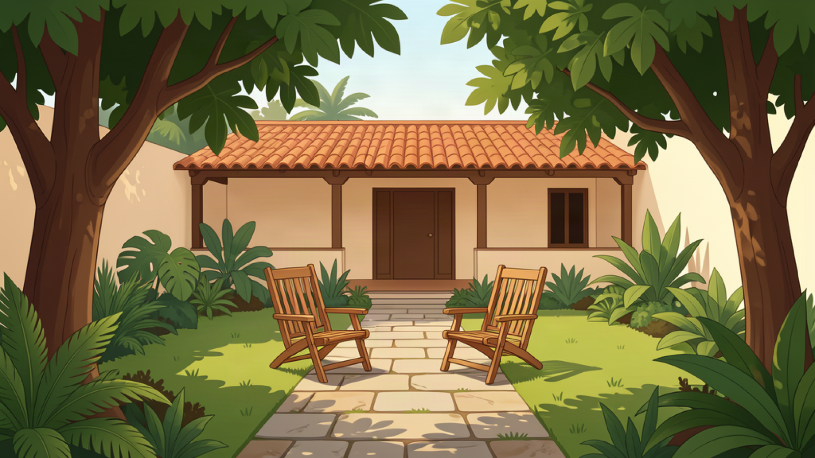 Illustrative tropical garden with a shaded veranda and reading chairs