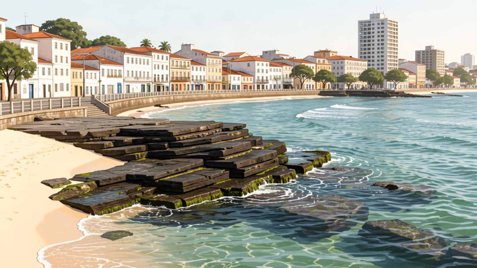 Illustrative small rocky urban cove below a Salvador waterfront overlook