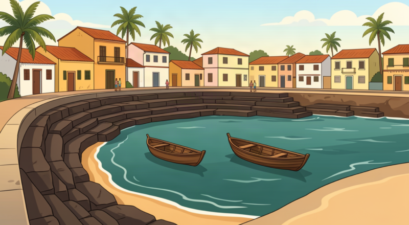 Illustrative Rio Vermelho-inspired waterfront with fishing boats in Salvador