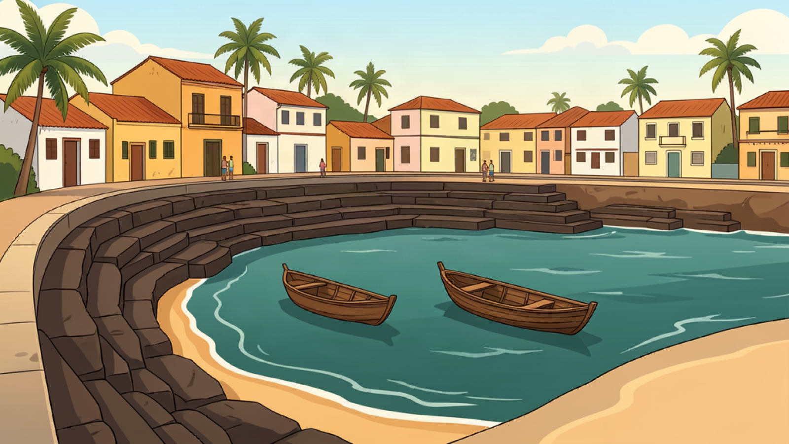 Illustrative Rio Vermelho-inspired waterfront with fishing boats in Salvador