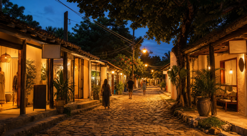 Illustrative image of a cobbled street in Arraial d'Ajuda at early evening