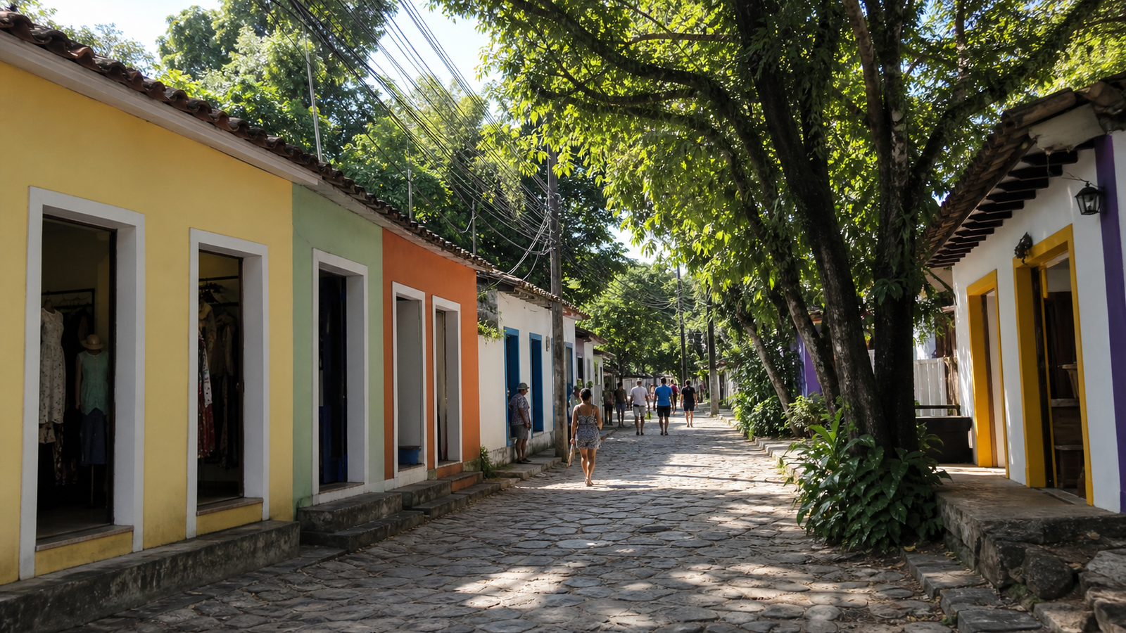Illustrative daylight image of a cobbled street in Arraial d'Ajuda
