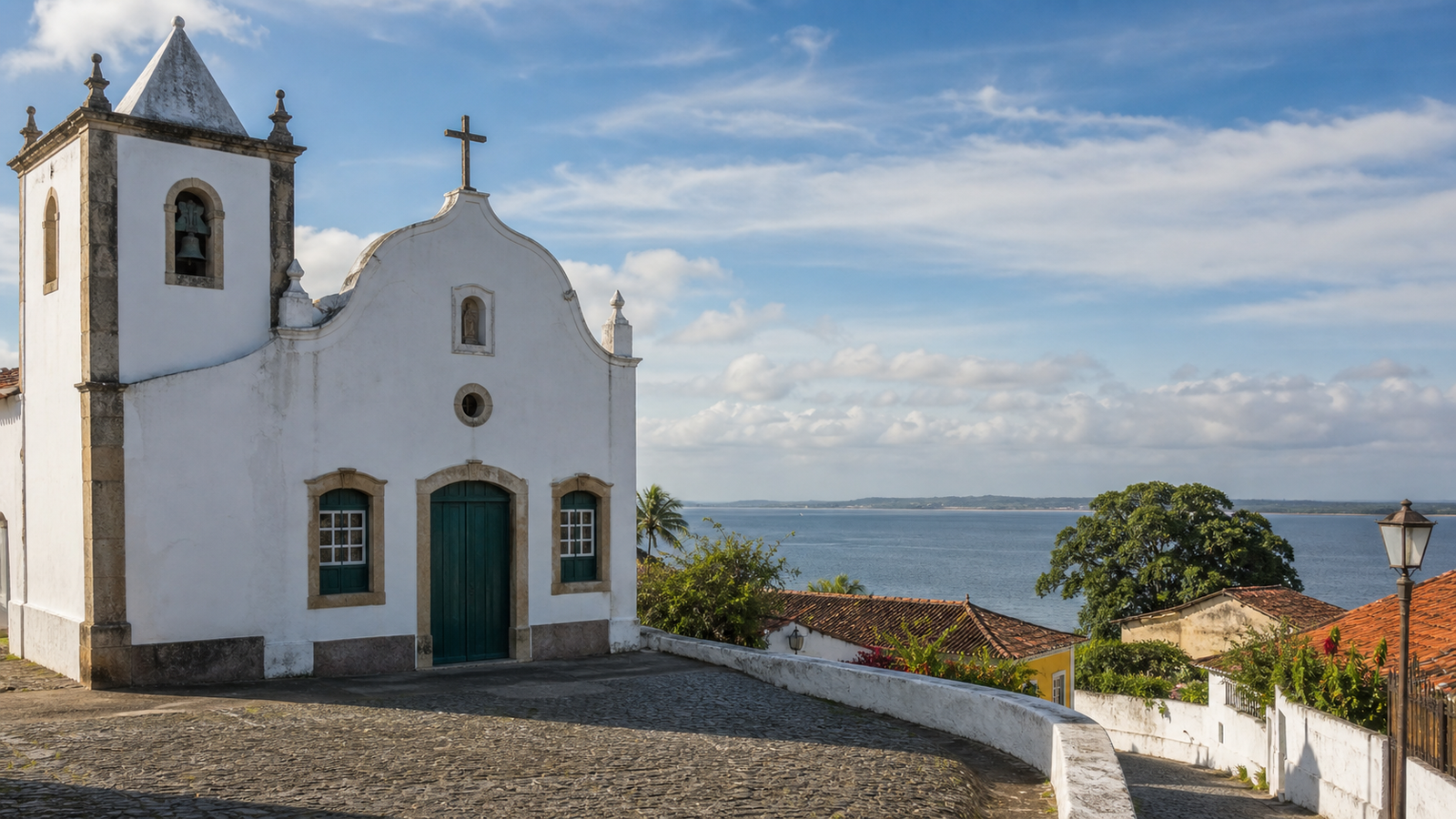 Colonial-style church facade overlooking a bay in Salvador, Bahia