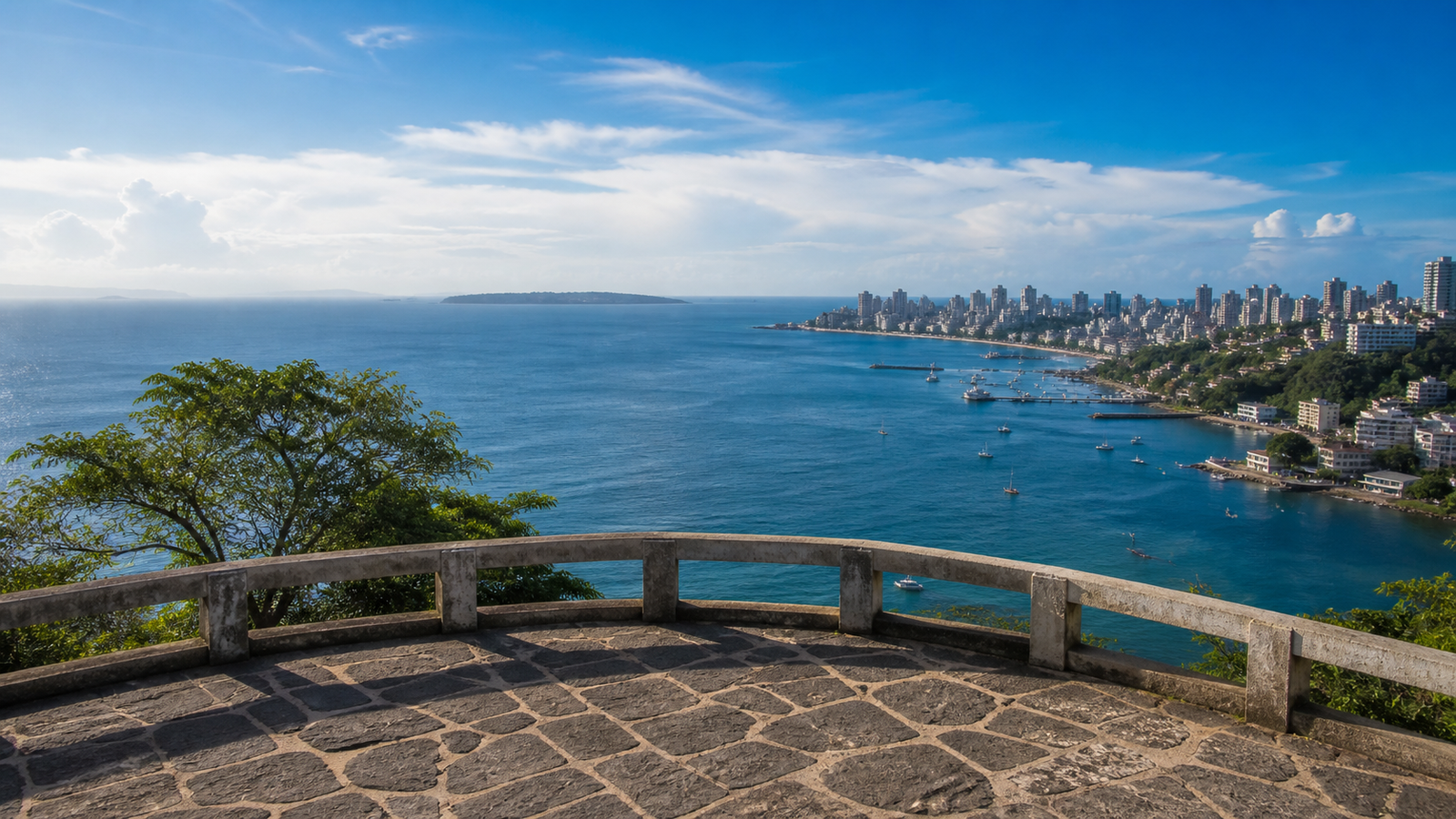 Panoramic overlook with a view across the Bay of All Saints toward Itaparica Island and the Salvador skyline