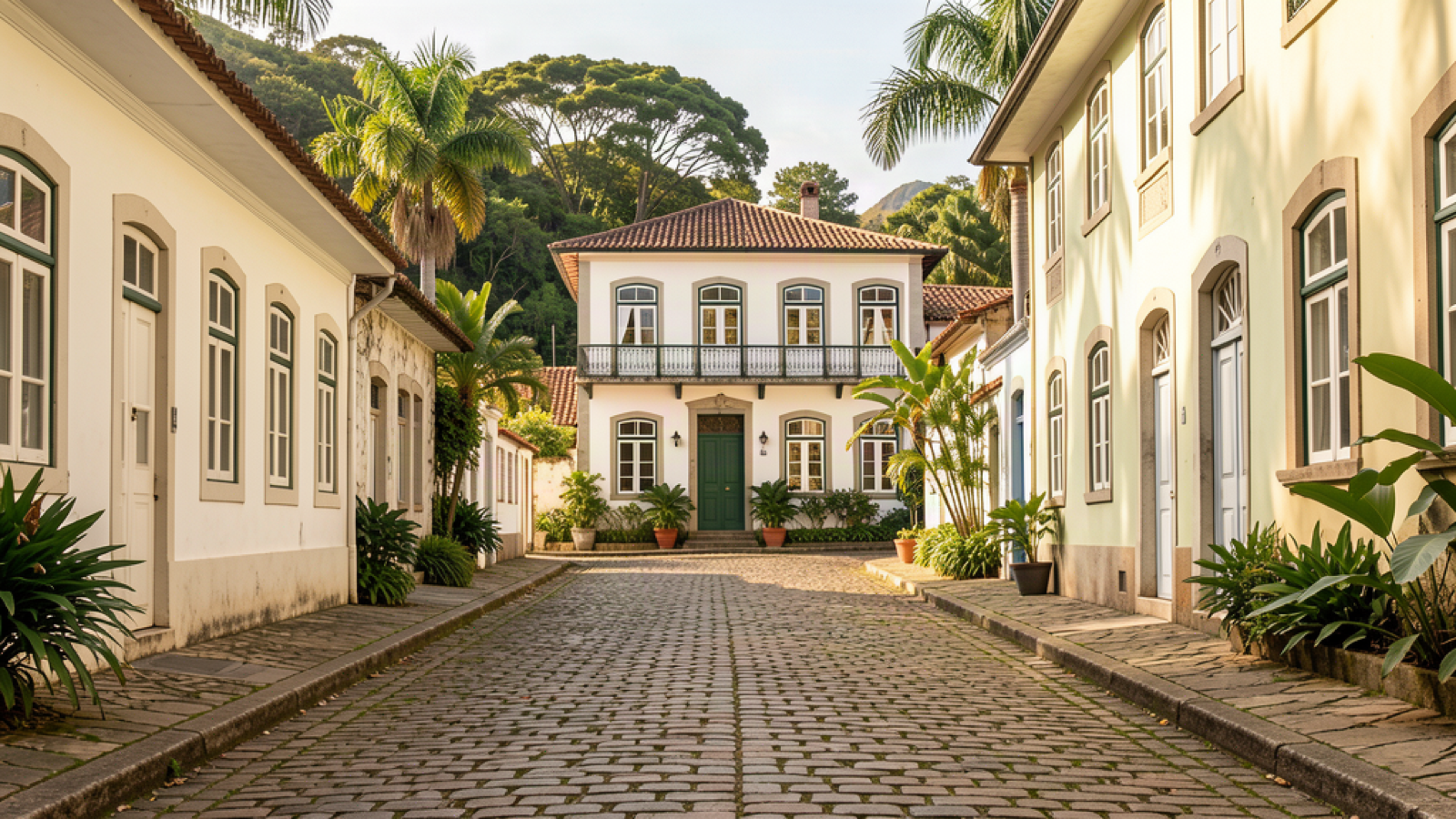 Cobblestone street lined with colonial-style houses in Santa Teresa, Rio de Janeiro
