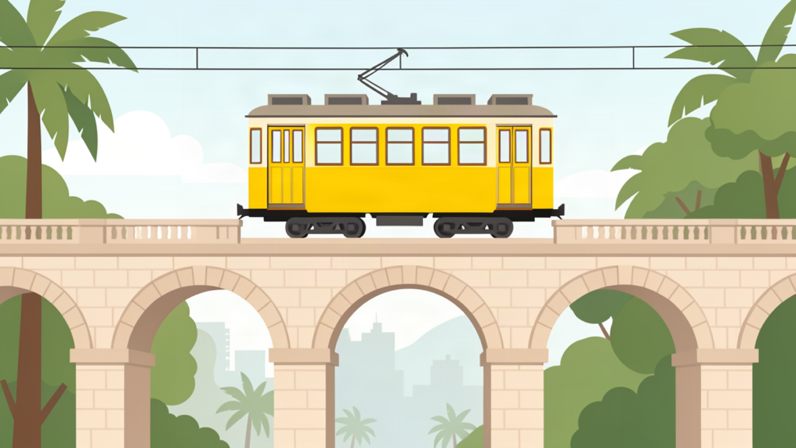 Santa Teresa, Rio de Janeiro: What to See, Where to Walk, and How to Do It Safely 2 Illustration of a yellow historic tram crossing a stone arched viaduct