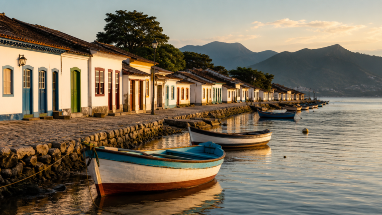 Colorful Azorean colonial houses along the waterfront of Santo Antônio de Lisboa at sunset, with fishing boats anchored in the Baía Norte