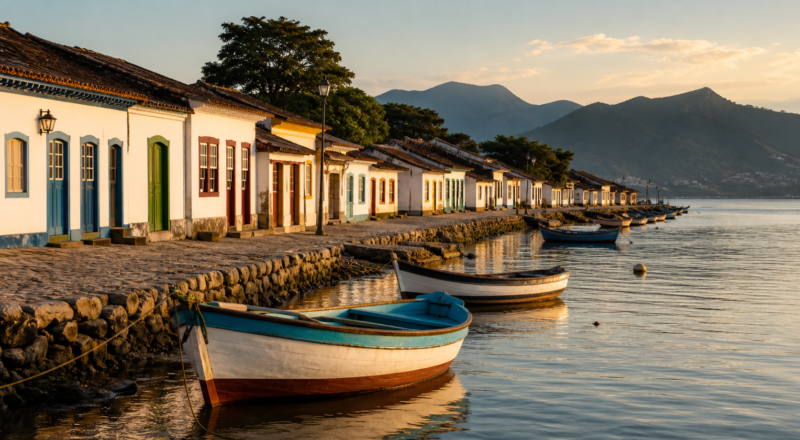 Colorful Azorean colonial houses along the waterfront of Santo Antônio de Lisboa at sunset, with fishing boats anchored in the Baía Norte
