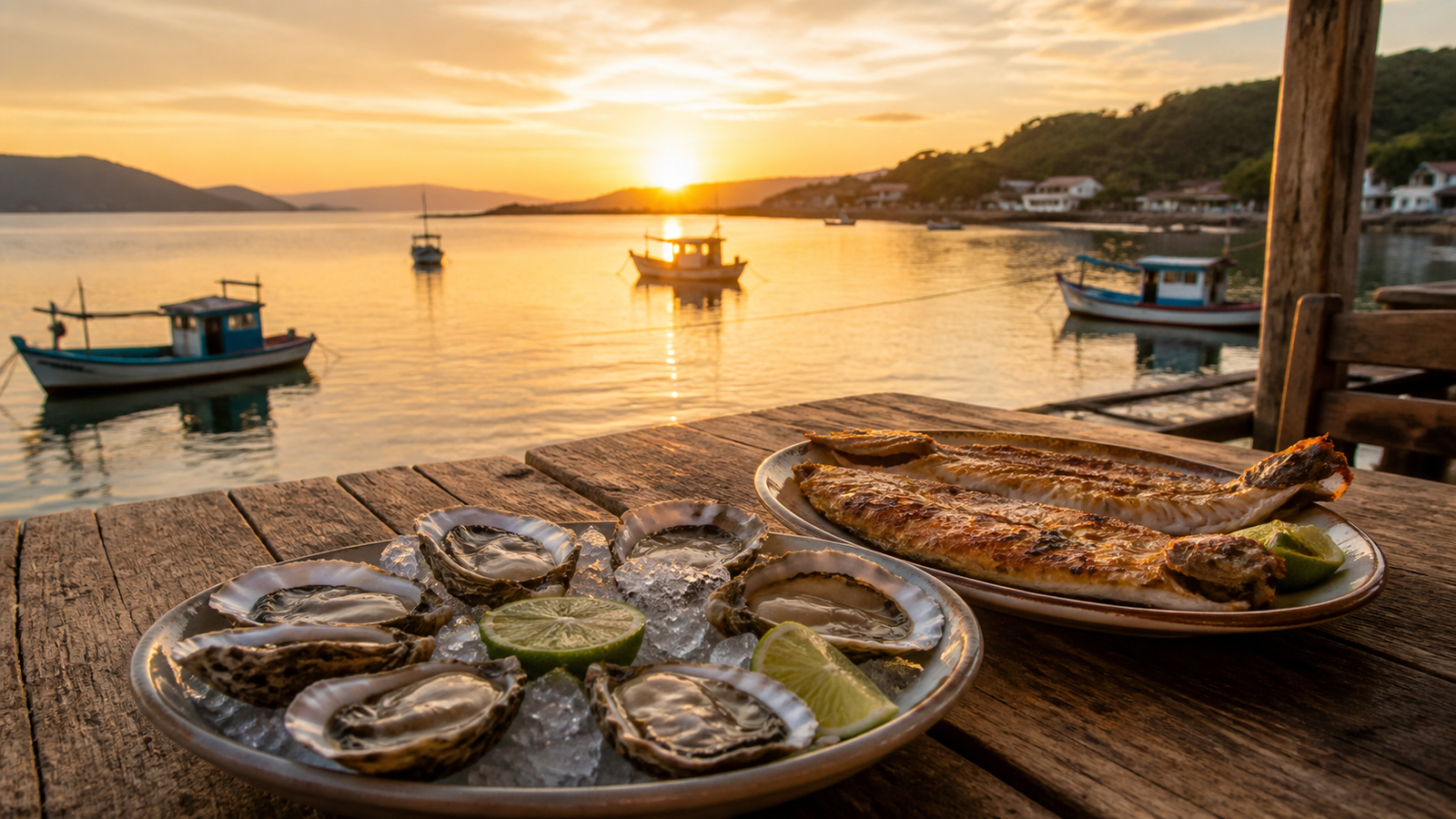 Oysters and grilled fish on a waterfront table at sunset with fishing boats in the background