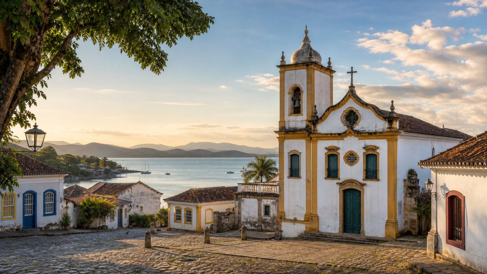 Colonial Luso-Brazilian church facade facing a calm bay in a historic Azorean village square