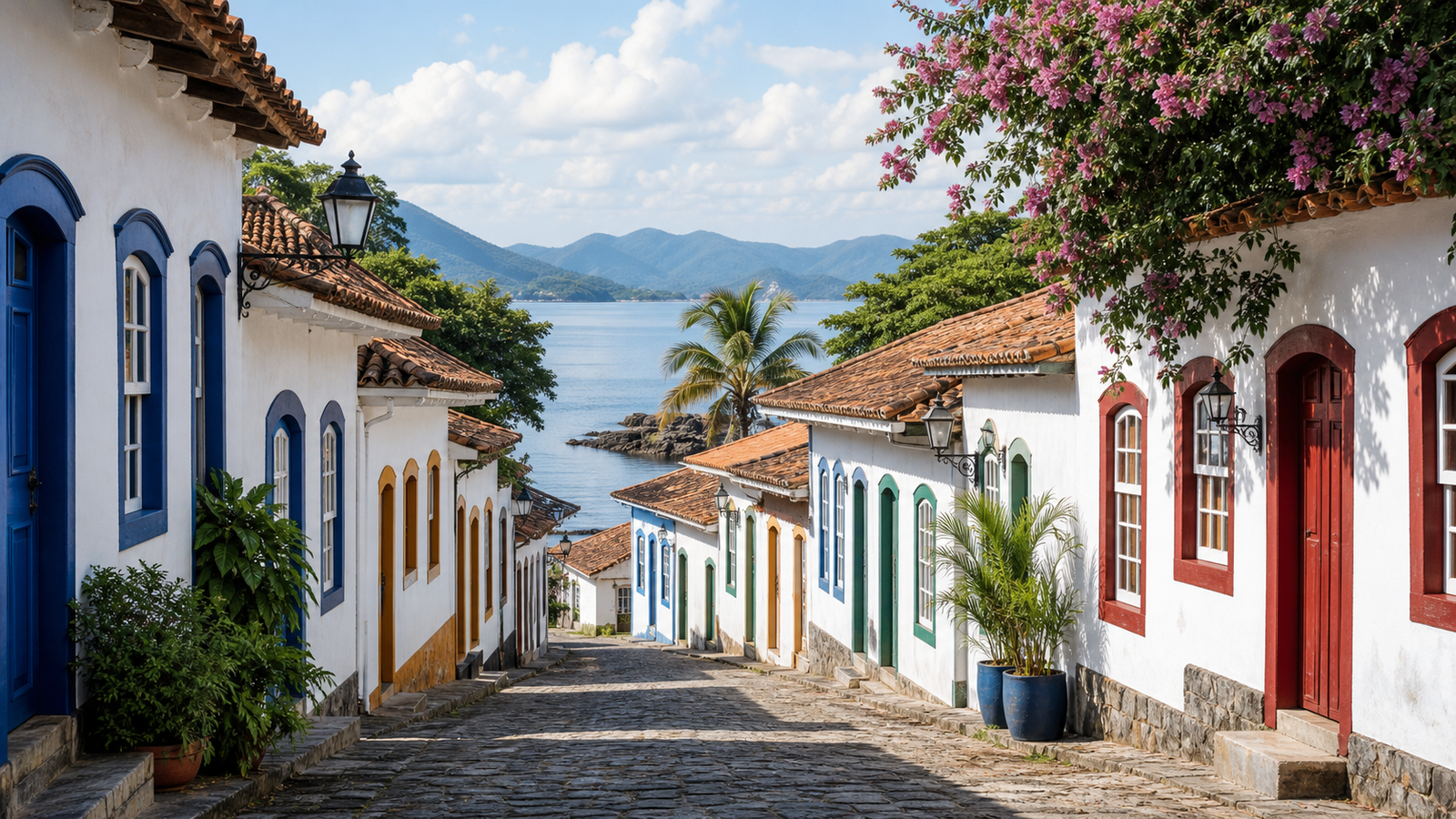 Narrow cobblestone street lined with colorful colonial houses leading to a calm bay